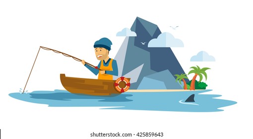 Adult Male fisherman fishing on a boat