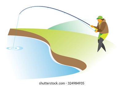 an adult male is a fisherman in a fishing suit who is fishing with spinning on the river bank