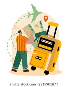 Adult male holding big air tickets, standing near trolley bag and waiting for plane. Cartoon tourist planning trip aboard. Flat vector illustration in green and yellow colors