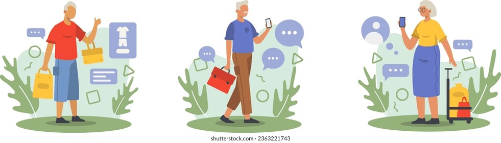 Adult male holding shopping bag, bout clothes online. Old man holding mobile phone and chatting. Senior lady standing outside with bags, using smartphone for communication. Flat vector illustration