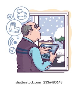 Adult male holding tablet and order winter hat. Electronic commerce benefits. Process of making purchases online. Time for shopping online using smartphone. Vector illustration