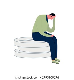 Adult male holds his head and sits on a large tablet. The person suffers from a mental disorder and takes antidepressants. Hand-drawn colorful vector illustration. All elements are isolated.