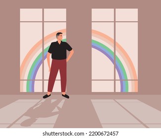 Adult male indoor beholds rainbow in sky, flat vector stock illustration with room with window and shadow, lgbtq concept