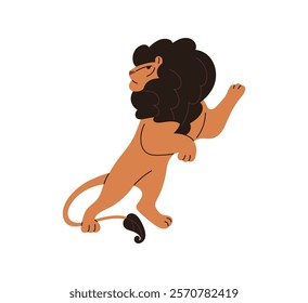 Adult male lion standing on hind legs. African wildcat with furry mane. King of animals. Big cat of savannah. Wild fauna of savanna, safari. Flat isolated vector illustration on white background