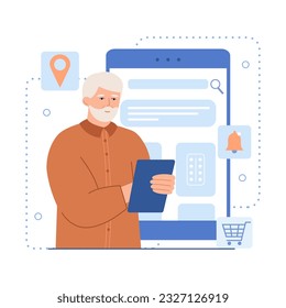 Adult male order medicine online, buying pills, using laptop. Health and medical concept. Order medical goods in internet. Digital services for old people. Flat vector illustration