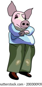 An adult male pig is a comic character with a colored fill standing with his hands folded,  draw by iThyx