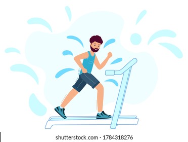 Un macho adulto corre sobre una cinta rodante y suda. El hombre está trotando con un fondo blanco. Ilustración vectorial en un estilo plano moderno. Gimnasio, herramienta de gimnasio.