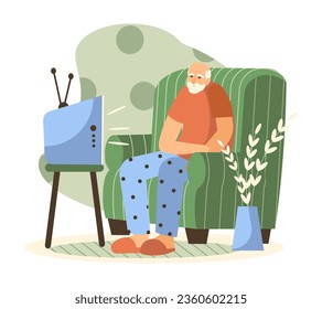 Adult male sitting in armchair and watching TV at home. Happy old age. Concept of life for older people, recreation. Flat vector illustration in cartoon style in green colors