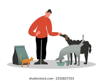 Adult male standing near dogs and cat and feeding them. Volunteer helping animals. Pets rescue and protection concept. Kind people help homeless animals. Flat vector illustration in cartoon style