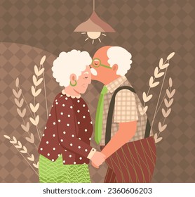 Hombre adulto parado cerca de su esposa y besándola en la cabeza. Tiempo romántico para los ancianos. Feliz concepto de vejez y jubilación. Ilustración plana vectorial en colores marrón y verde