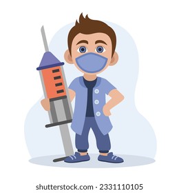 Adult male with syringe ready to make injection. Health care providers fight virus with vaccinations and immunizations. Flat vector illustration in blue and green colors with cartoon