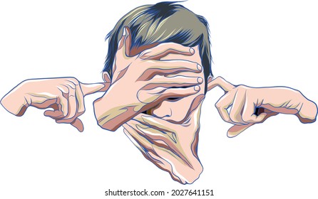 Adult male vector representation of the principle "see no evil, hear no evil, speak no evil" with hands over eyes, mouth, and ears.