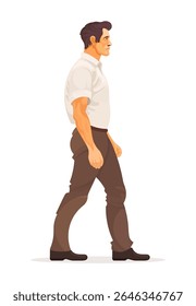 Adult male walking in side profile, wearing casual business attire, isolated on white background. Vector illustration

