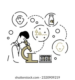 Adult male in white coat sitting near microscope and doing research. Drug testing concept. Development of cosmetic and medical products. Flat line vector illustration in cartoon style