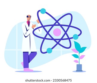 Adult male in white coat standing near scientific symbol and making presentation. Work in laboratory concept. Studying results of research. Flat vector illustration in blue colors