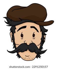 Cara masculina adulta con cabello negro y bigote, gorra marrón y gesto cansado. Diseño de caricaturas.