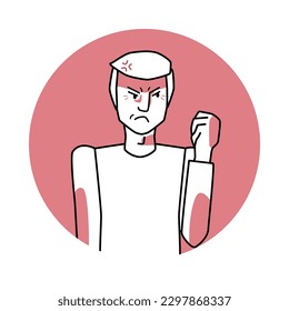 Adult man with angry emotion, facial expression with hands. Annoyed male with white hair, expressing his negative feelings with gestures. Red vector circle icon.