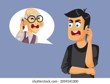 Adult Man Arguing with Senior Father on the Phone Vector. Inter-generational conflict between son and elderly dad fighting over the phone
