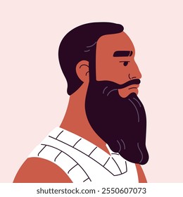 Avatar de homem adulto com barba longa. Retrato quadrado da pessoa com bigode para o perfil do usuário. Masculino com bigode tem expressão séria na vista lateral da face. Ilustração de vetor isolado plano