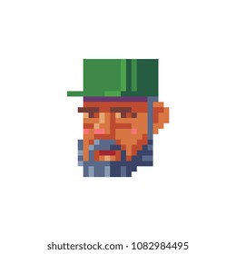 Adult man with beard and cap pixel art character, head avatar profile isolated vector illustration. Game assets 8-bit sprite. Design stickers, logo, mobile app.