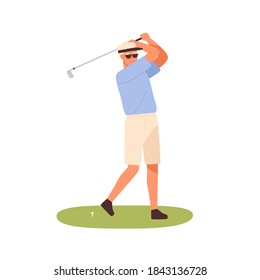 Adult man in cap, shorts and sunglasses playing golf. Professional golfer sportsman. Outdoor activity, hobby. Flat vector cartoon illustration isolated on white background