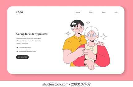 Adult man caring about old aged mother web banner or landing page. Son supporting, hugging with mature woman. Happy family hugging each other. Flat vector illustration