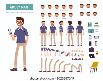 Adult man character constructor for animation. Front, side and back view. Flat cartoon style vector illustration isolated on white background.
Adult man character constructor for animation. Front, side and back view. Flat cartoon style vector illustration isolated on white background.