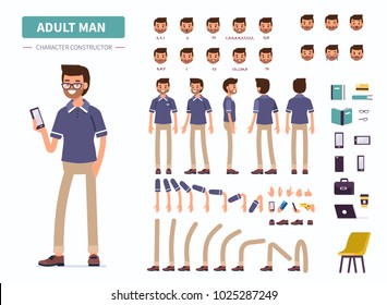 
Adult Man Character Constructor For Animation. Front, Side And Back View. Flat  Cartoon Style Vector Illustration Isolated On White Background.  
