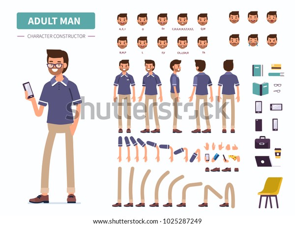 アニメーション用の成人男性キャラクタコンストラクタ。正面、側面 