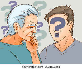 The adult man is confused. Adult man in thought. An adult man can't recognize person. Alzheimer's disease. Healthcare illustration. Vector illustration.