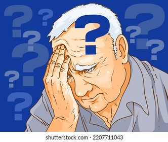 The adult man is confused. Adult man in thought. An adult man remembers events. Alzheimer's disease. Healthcare illustration. Vector illustration.