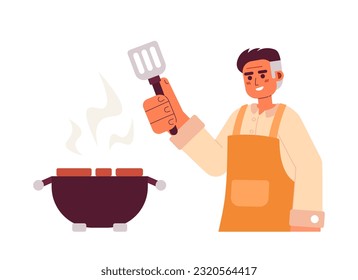 Adult man cooking on bbq grill semi flat colorful vector character. Editable half body caucasian cooking person on white. Simple cartoon spot illustration for web graphic design