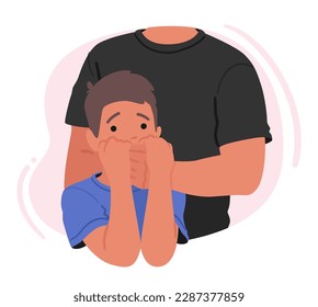 Adult Man Covers Mouth Of Young Boy In A Disturbing Scene Depicting Domestic Violence And Abuse. Image Raising Awareness About The Prevalence Of Violence Against Children. Cartoon Vector Illustration