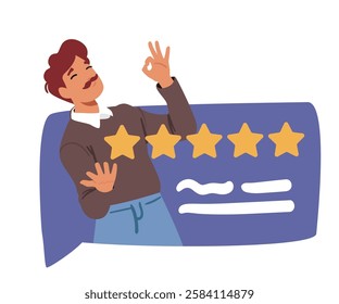 Adult man customer character showcasing perfection gesture feeling satisfied giving best rating due to high quality service vector illustration. Excellent feedback speech bubble and glad client