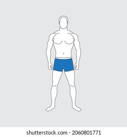 Adult man delineation in blue swimming trunks. Full-length white male figure. Front view. Slender muscular human body. Standing guy silhouette. Impersonal person of normal weight. Vector illustration