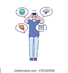 Adult man in depressed vector illustration. Mental disorders. Isolated cartoon character on a white background.