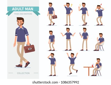 
Adult man different poses and emotions. Flat style vector illustration isolated on white background.