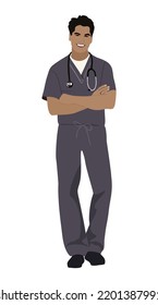 Adult man, doctor physician, practitioner, paramedic with stethoscope. Health care hospital worker, therapist. Handsome male character flat vector cartoon realistic illustration isolated.