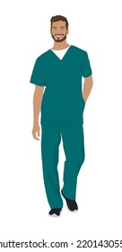 Erwachsene, Arzt, Arzt, Arzt, Arzt, Arzt, paramedizinisch mit Stethoskop. medizinischer Krankenhausarbeiter, Therapeut. Schöne männliche Figur flach Vektorgrafik realistische Illustration einzeln.