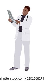 Adult Man, Doctor Physician, Therapist In Medical Uniform With Stethoscope. Radiologist In Coat With Scan Image. Handsome Black Male Character Flat Vector Cartoon Realistic Illustration Isolated.