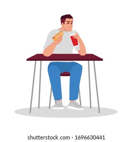 Adult man eating junk food semi flat RGB color vector illustration. Unhealthy food consumption. Caucasian guy enjoying delicious hot dog with cola isolated cartoon character on white background