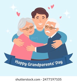 Adult man embracing mature parents or grandparents. Family relationship.  Grandparents day. vector illustration