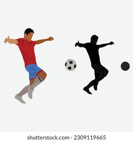 Adult Man as a Football Player Showcasing Ball Kicking Style, Silhouette with Portrait.