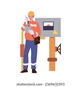 Adult man gasman engineer cartoon character in helmet and uniform working at operation panel