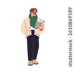 Adult man in glasses holds, reads paper book. Professor with mustache and textbook in hand. Reader with scarf learning literature, fiction novel. Flat isolated vector illustration on white background