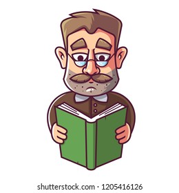 An adult man with glasses and a mustache is reading a book. vector illustration