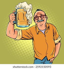 Adult man holding foamy beer. Octoberfest festival tasting. Profitable alcohol promotion in bar and restaurant. Pop Art Retro Vector Illustration Kitsch Vintage 50s 60s Style