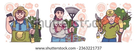 Adult man holding pruner and selecting instruments for garden. Female bought new rake. Woman cuts dry branches from apple tree with secateurs. Flat vector illustration in cartoon style