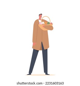 Adult Man Holding Wicker Basket with Decorated Eggs for Easter Holiday Celebration and Eggs Hunt Isolated on White Background. Male Character Prepare for Event. Cartoon People Vector Illustration