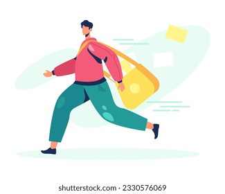 Adult man holing bag and walking to visit client. Delivery methods for goods, food. Various equipment for courier. Fast shipping. Colorful flat vector illustration in cartoon style